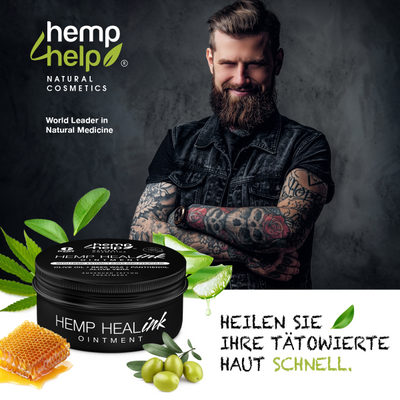 HEMP 4 HELP®️ Hanf Tattoo Creme vermeidet das Nachstechen in 96 % durch die revolutionäre Hanf Rezeptur. 50 ml Heal-Ink®️ Tattoo Creme enthalten Olivenöl, Bienenwachs, Panthenol, AloeVera
