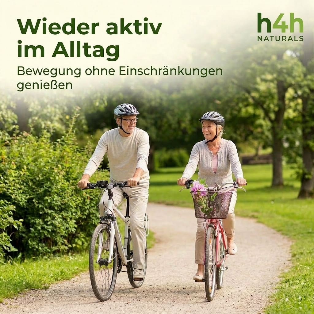 Älteres Paar fährt Fahrrad im Park und genießt schmerzfreie Bewegung dank kühlendem Hanf Schmerzgel für Muskeln und Gelenke
